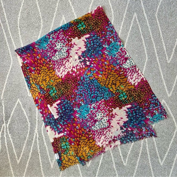 Lulla Collection by Bindya Hot Pink Teal Gold Floral Woven Wool Rectangle Scarf - Picture 1 of 4